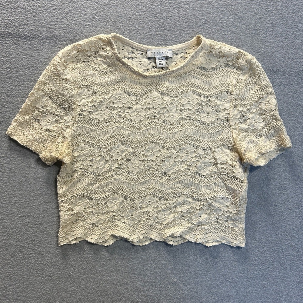 Topshop Lace Short Sleeve Crop Top Womens US 6 Cream Ivory Floral Scalloped Hem
